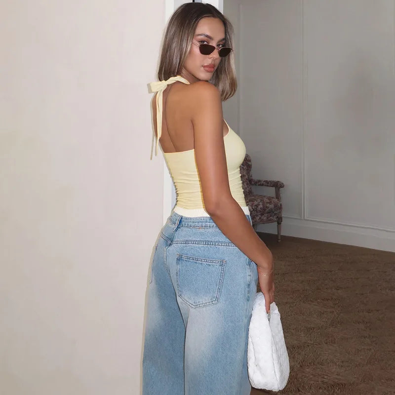 Women Fashion Halter Solid Loop Backless Bandage Sexy Crop Tank Top 2026 Summer Casual Clothes Streetwear Vacation Club Style