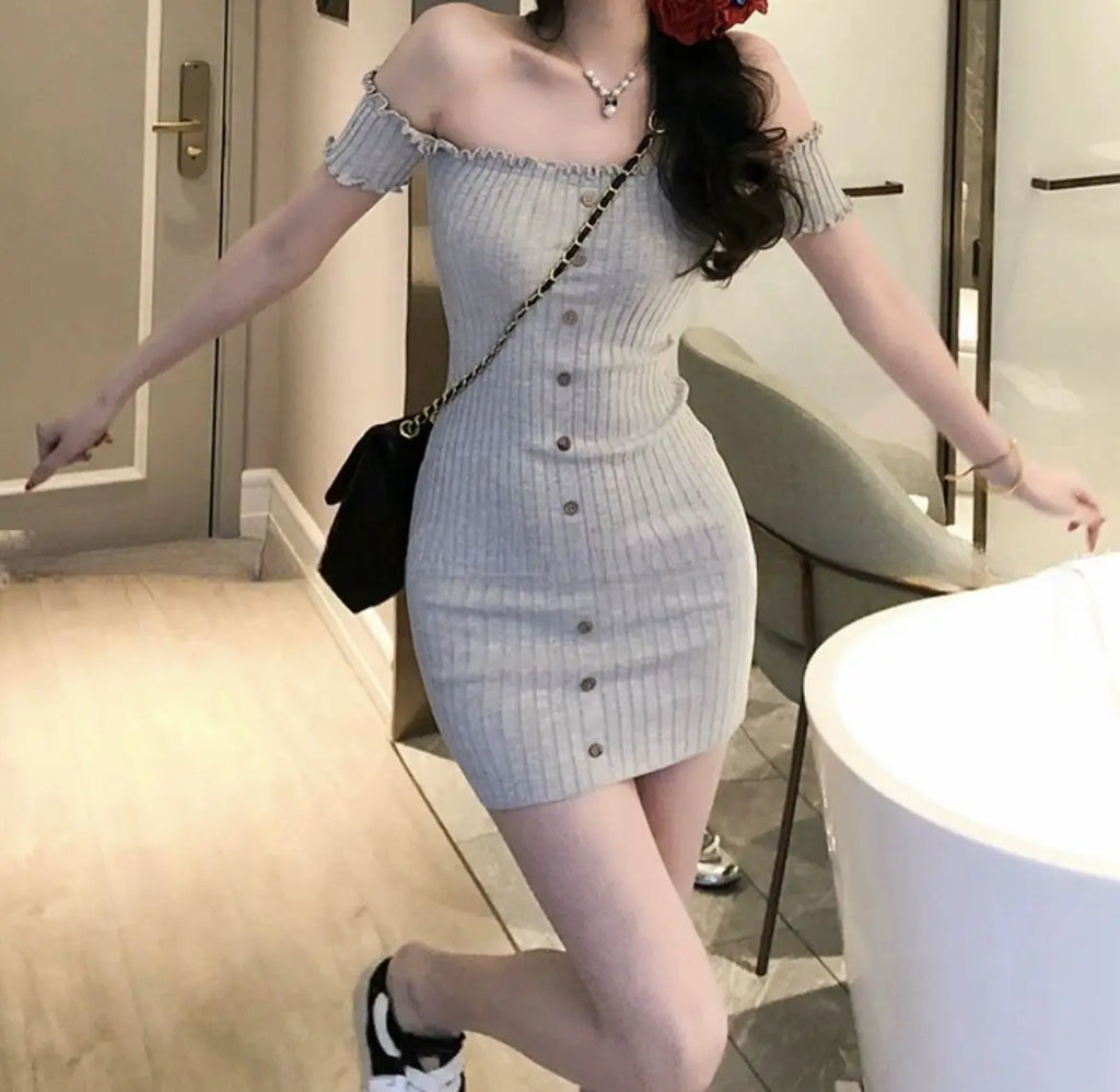 Dress Women's Off-the-shoulder Sexy Form-fitting Pencil Skirt Button-up Slimming Fitted Waist Short Length New Niche Versatile