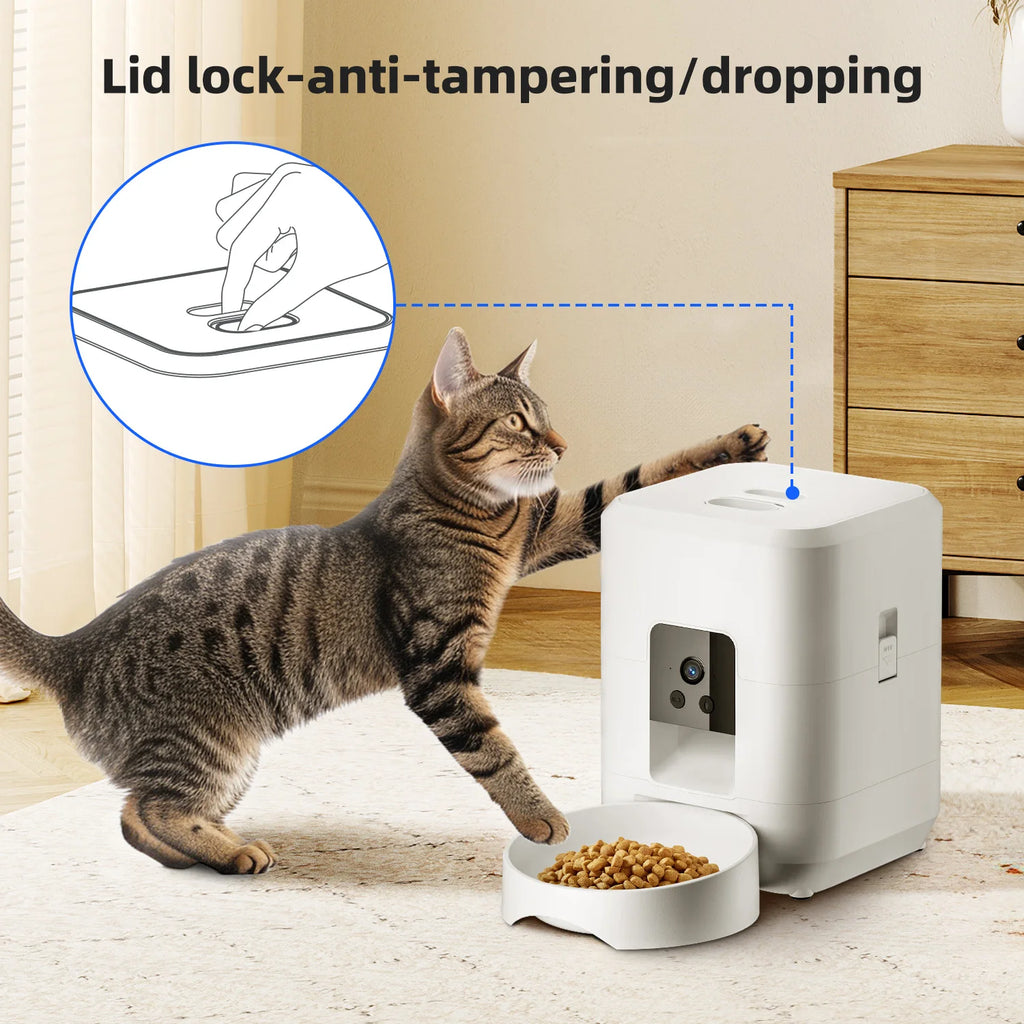 2L Automatic Pet Feeder Cat Smart Pet Feeder Wi-Fi & Camera Controlled Feeder Dog & Cat Food Dispenser Remote App (No 5V 2A Plug