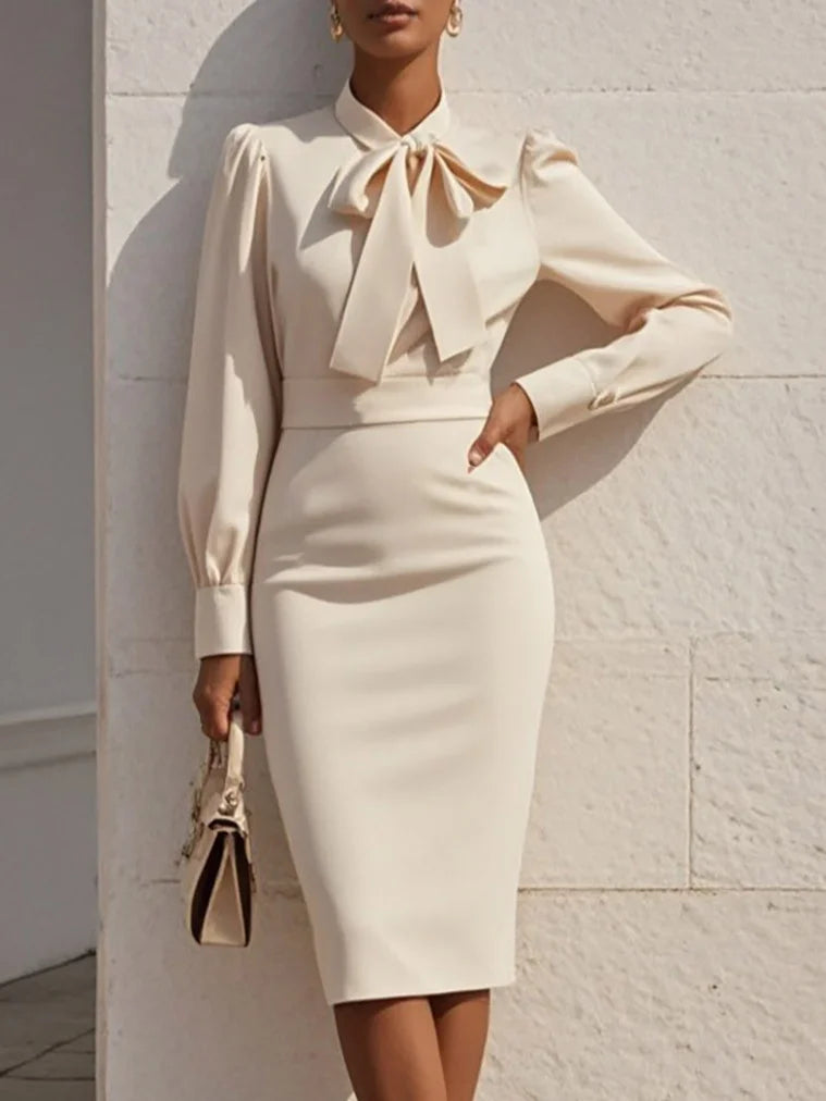 Women's Solid Color Bow Neck Long Sleeve Waisted Midi Dress