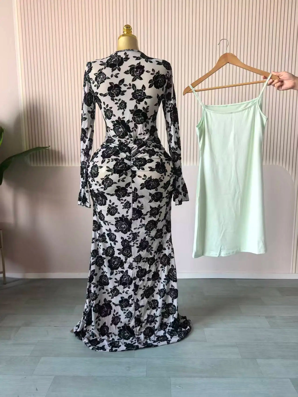 CM.YAYA Women Long Sleeve Ruched Mesh See Though with Lining Bodycon Long Dress 2025 Fall Evening Birthday Sexy Party Dresses