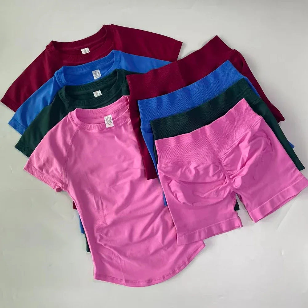 2 Piece Gym Set Women Outfit Longline Short Sleeve Gym Crop Top High Waist Workout Shorts Sports Suit Fitness Clothes Yoga Set
