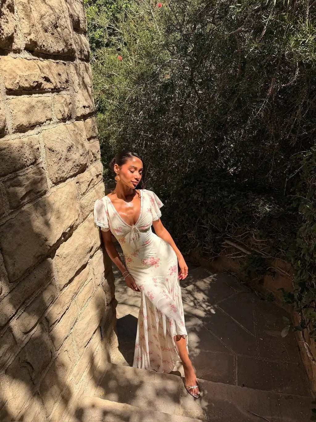 Organza Floral Printed Maxi Dress Women V Neck High Split Puff Sleeve Waist Cinching Ruffle Long Dresses Vacation Summer Outfits