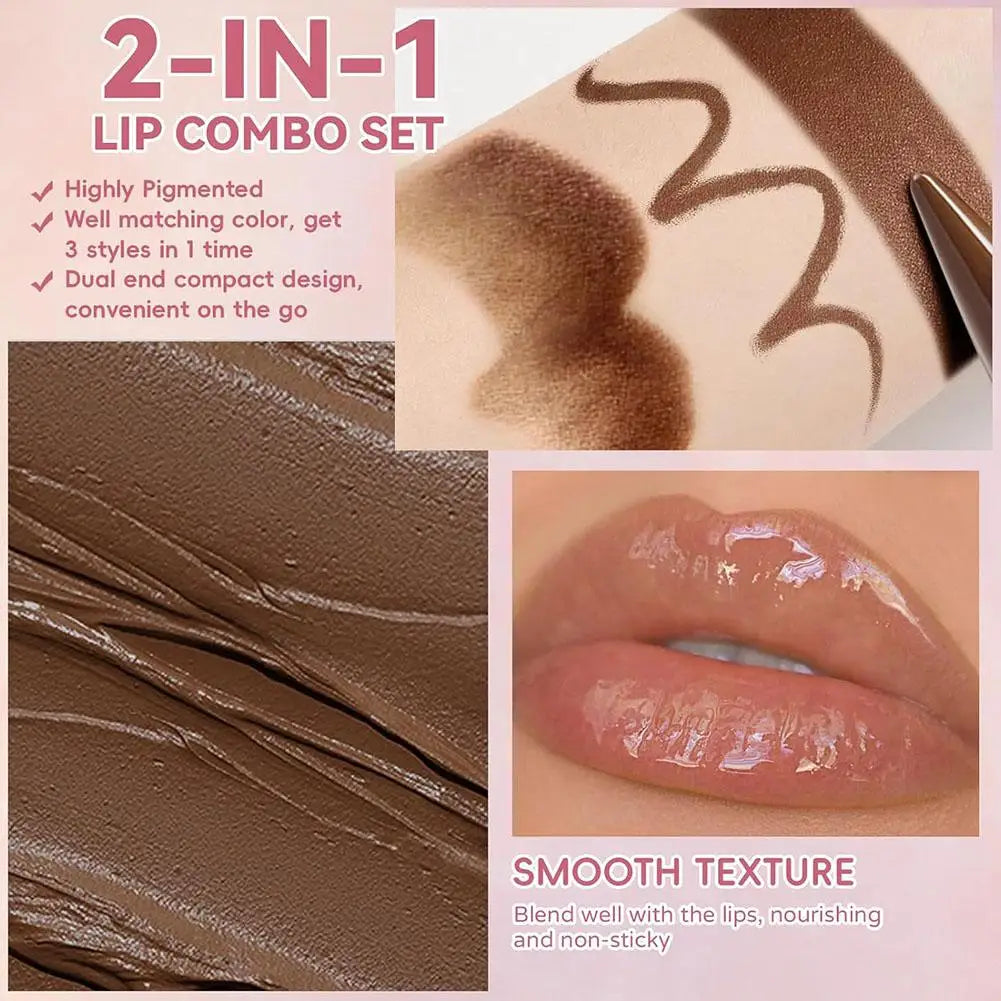 Waterproof Contour Non Stick Makeup Double-headed Matte Mirror Design Lip Glaze Nude Brown 2-in-1 Tapered Gradient Lip Liner Pen