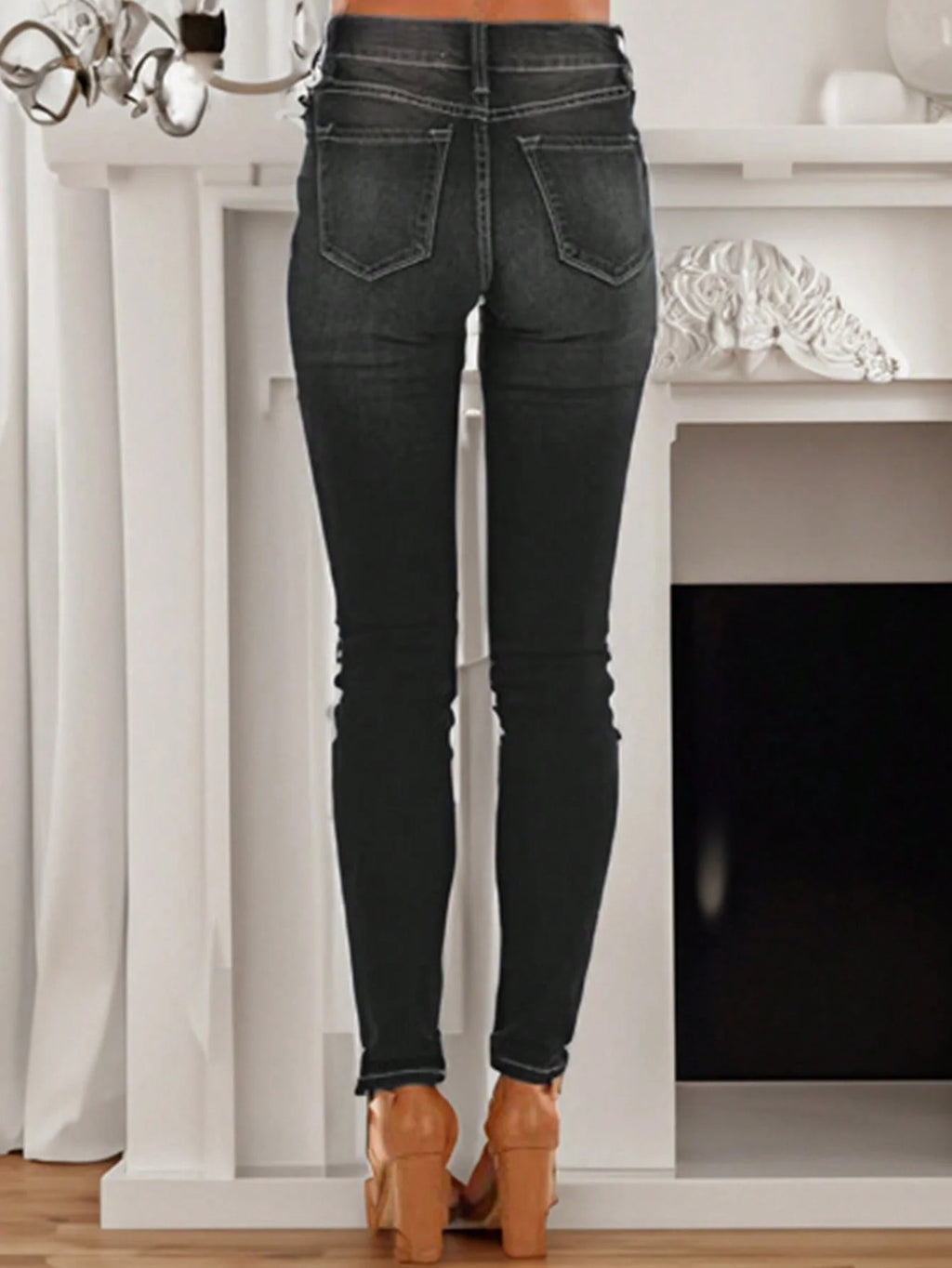 Women's Fashionable Elegant Casual Versatile Washed Cat's Whisker Pattern Skinny Fit Denim Jeans for Daily Wear
