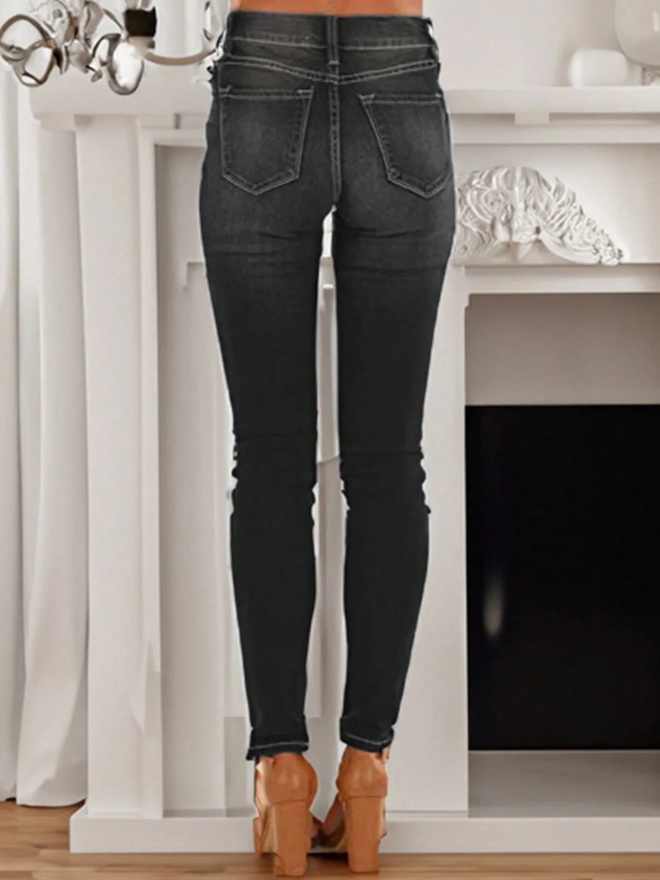 Women's Fashionable Elegant Casual Versatile Washed Cat's Whisker Pattern Skinny Fit Denim Jeans for Daily Wear
