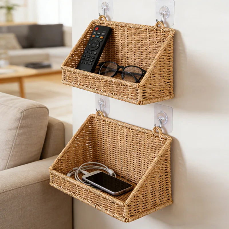 Woven Imitation Rattan Wall Mounted Storage Basket Slanted Shelf Organizer for Kitchen Living Room Bathroom Bedroom Balcony
