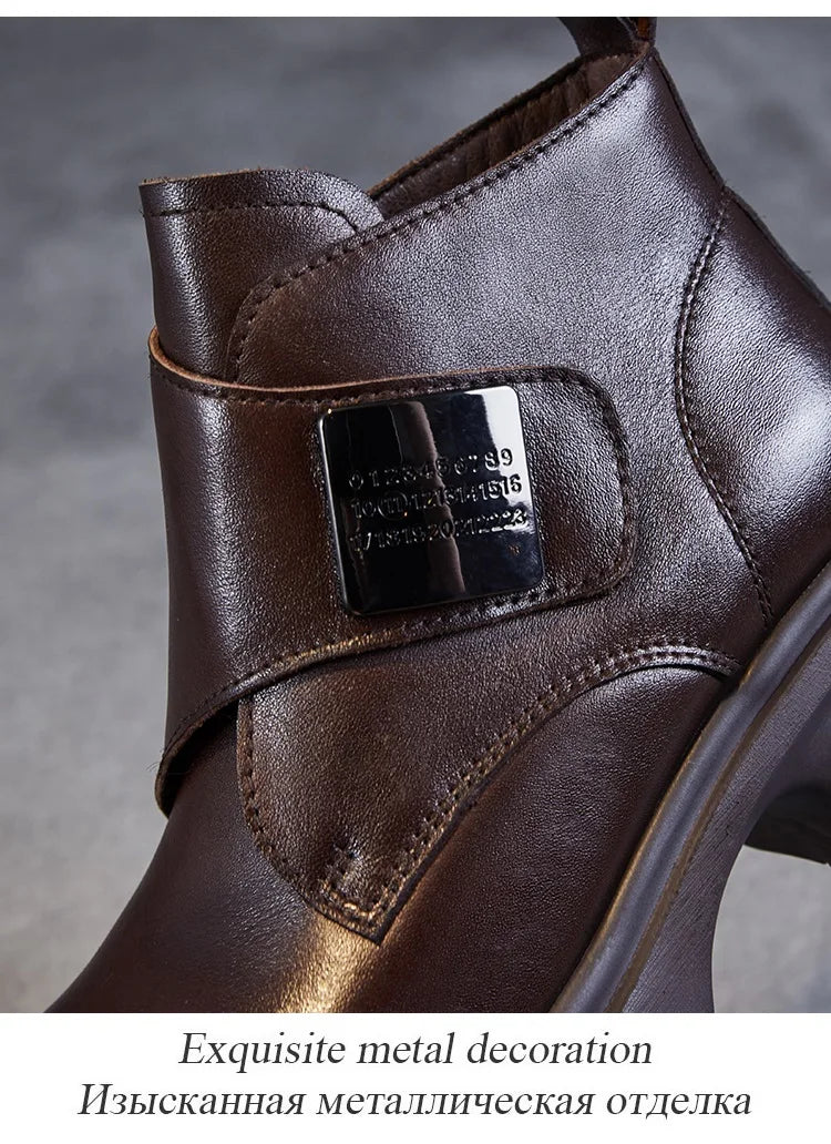 DRKANOL Wide Head Design Women Platform Boots Autumn Winter Warm Thick High Heel Hool And Loop Metal Genuine Leather Ankle Boots