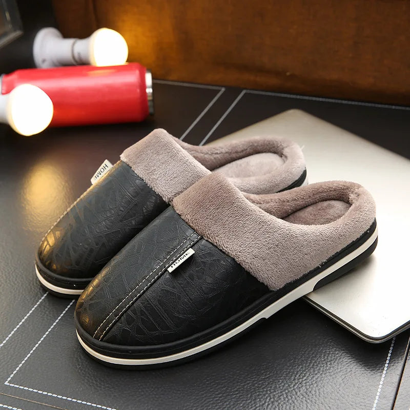 Big Size 50-51 Men Slippers Winter PU Leather Warm Indoor Waterproof Home Furry Flats Couples Slides Bedroom Non Slip Shoes