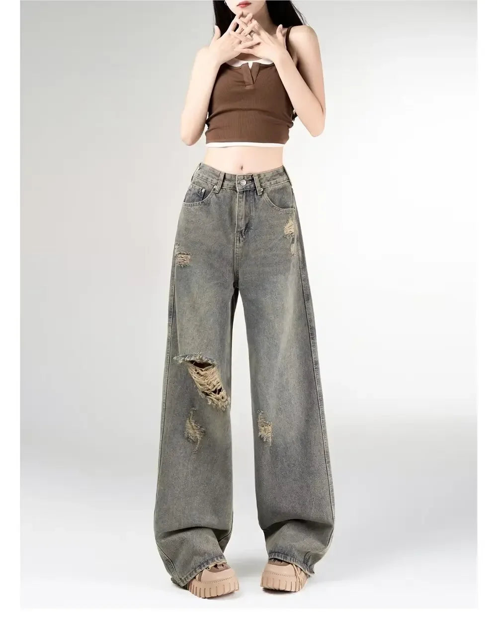 Women's Vintage Distressed Jeans High Waist Wide Leg Straight Denim Pants Loose Fit Summer Trousers 2025