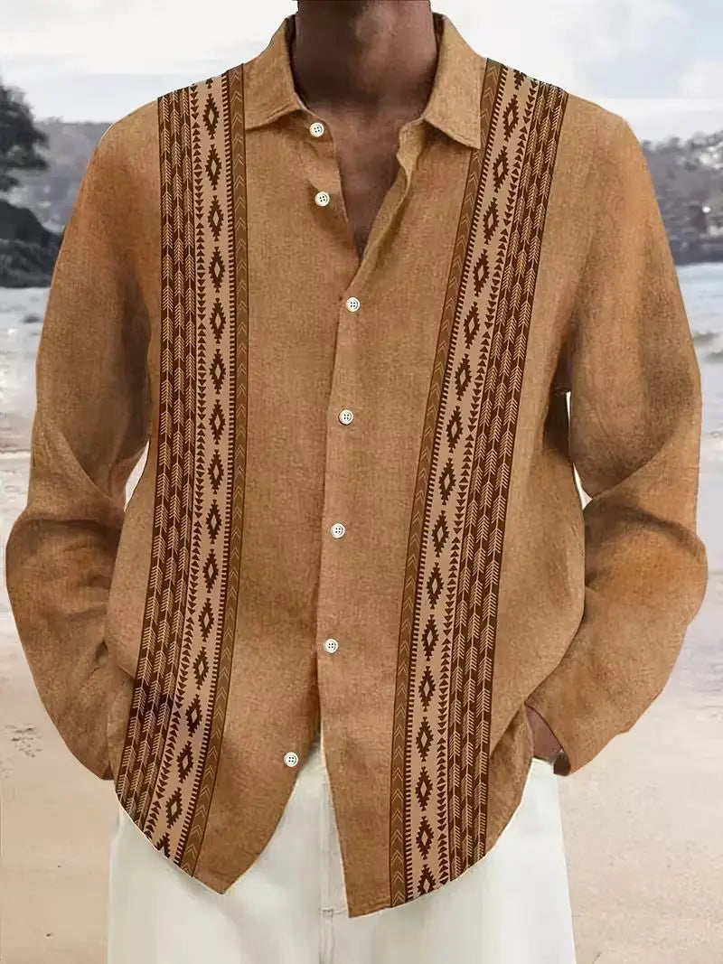 Men's Ethnic Embroidery Long Sleeved Shirt with Red and Black Floral Pattern, Comfortable and Fashionable Linen Long Shirt