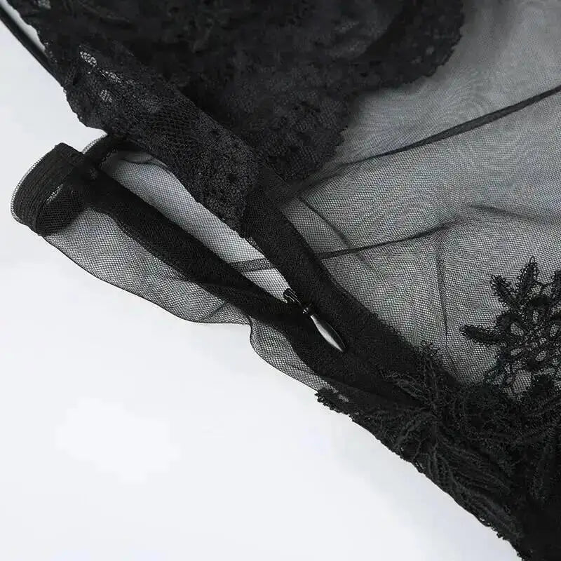 Lace Transparent Mini Dress For Women's Shestyle Embroidery Flower Mesh Transparent Flare Outfits Prom Nightwear Club Long Dress