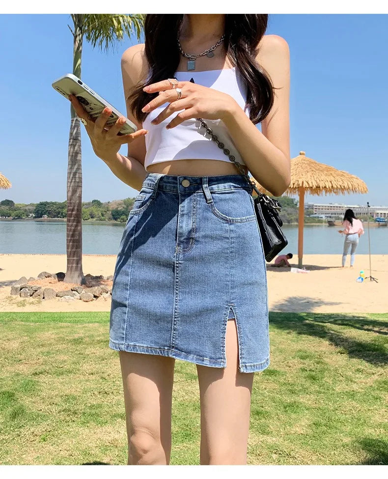 Denim Short Skirt Women's New Summer High Waist Split Half Body Retro Wrapped Hip Skirt  A-line Pant Skirt