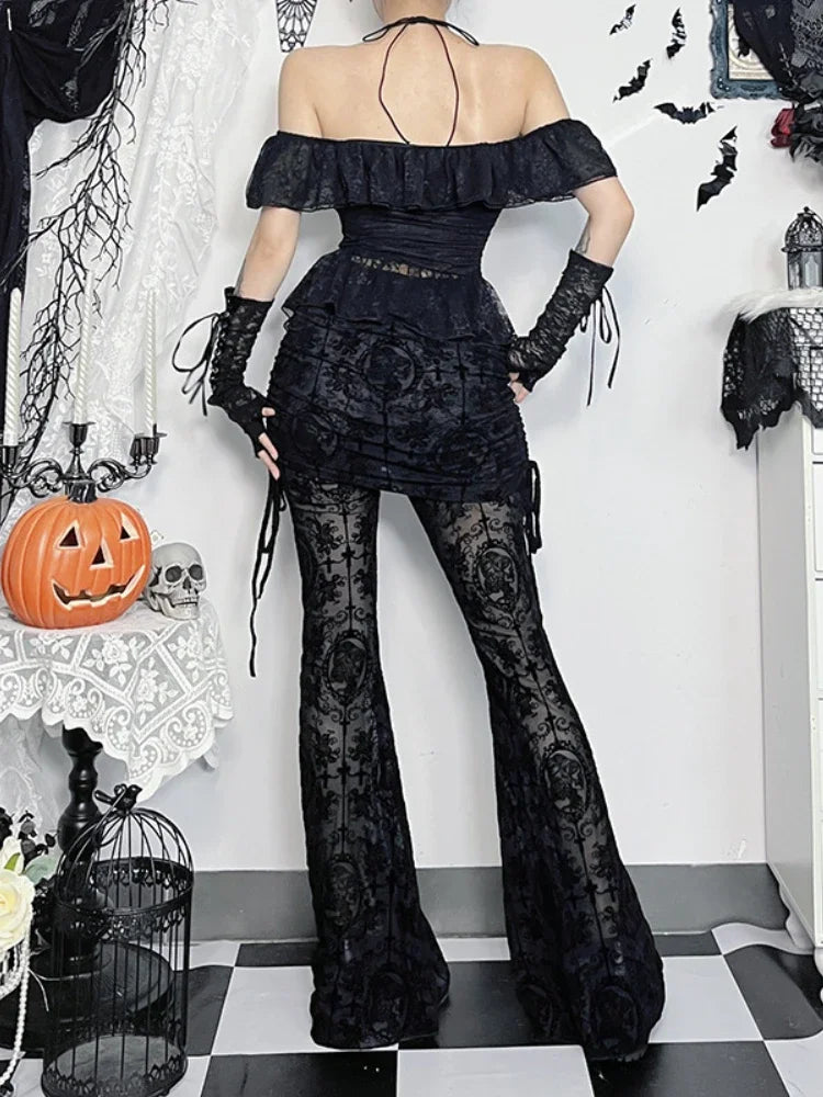 AltGoth Gothic Dark Flocking Pants Women Streetwear Aesthetic Emo Alt Grunge See Through Lace-up High Waist Flare Pants Female