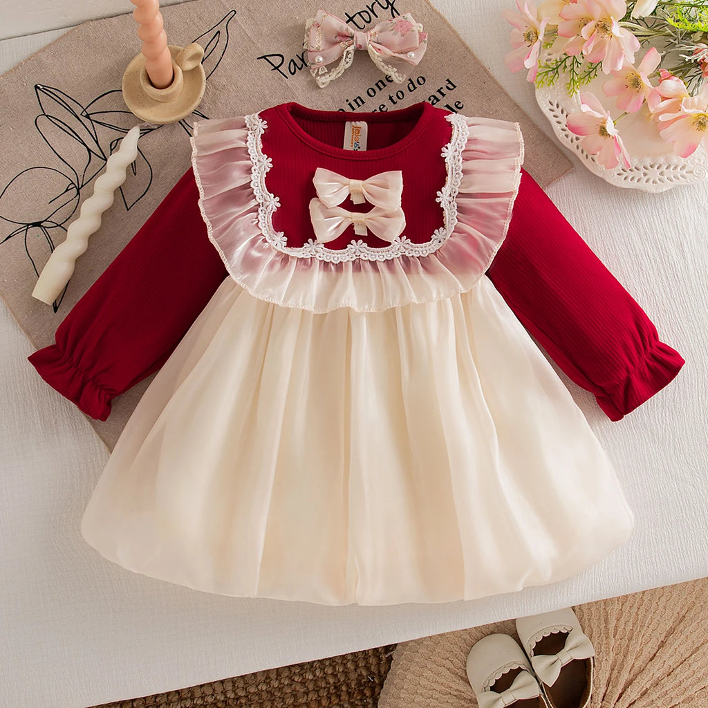 Baby Girl Clothes Spring And Autumn Bow Solid Color Doll Collar Long-Sleeved Baby Girl Dress Cute Casual Girls Dress