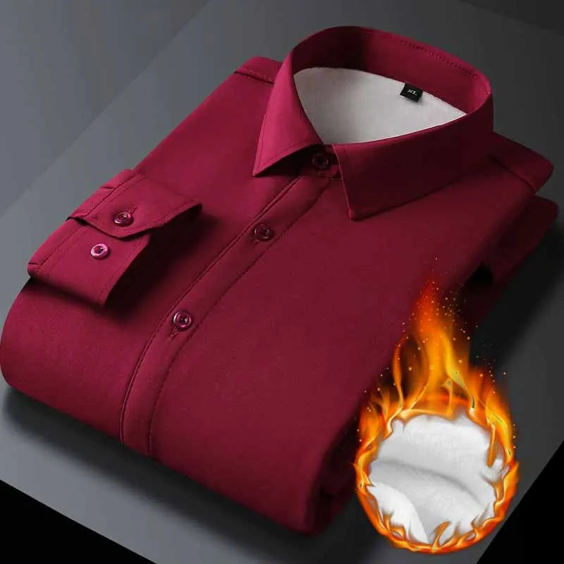 Men's Business Formal Lapel Shirts Autumn and Winter Thickened Warm Office Work Shirt Men Solid Color Casual Long Sleeve Tops