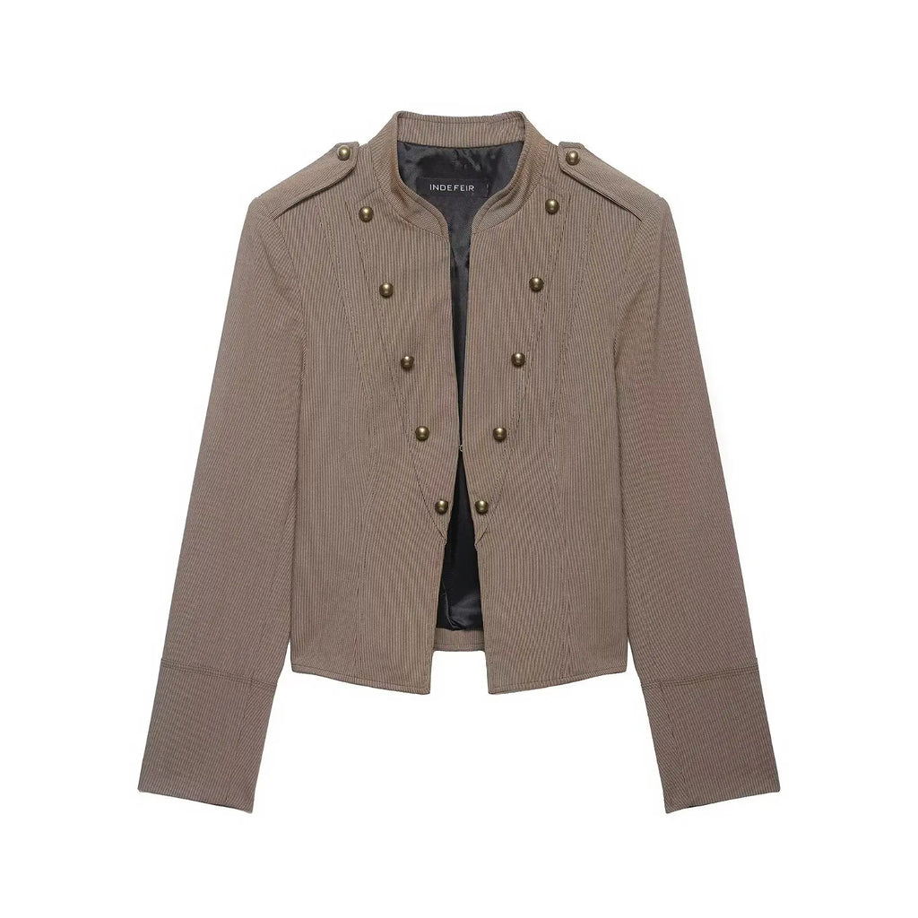 HH Vintage Denim Jacket For Women 2026 Spring  Stand Collar Double Breasted Buttons Slim Fit Jacket  Outerwear For Streetwear
