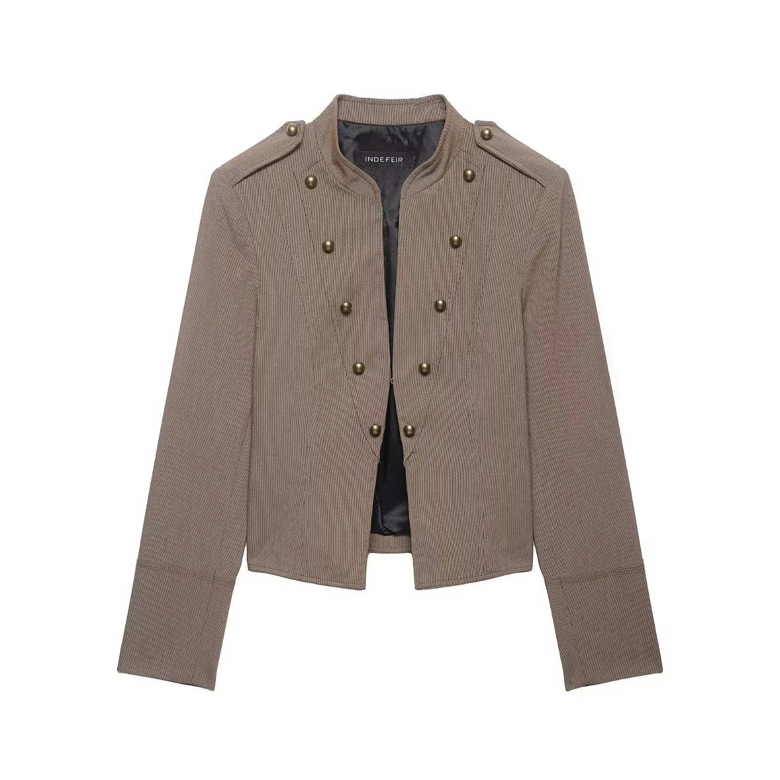 HH Vintage Denim Jacket For Women 2026 Spring  Stand Collar Double Breasted Buttons Slim Fit Jacket  Outerwear For Streetwear