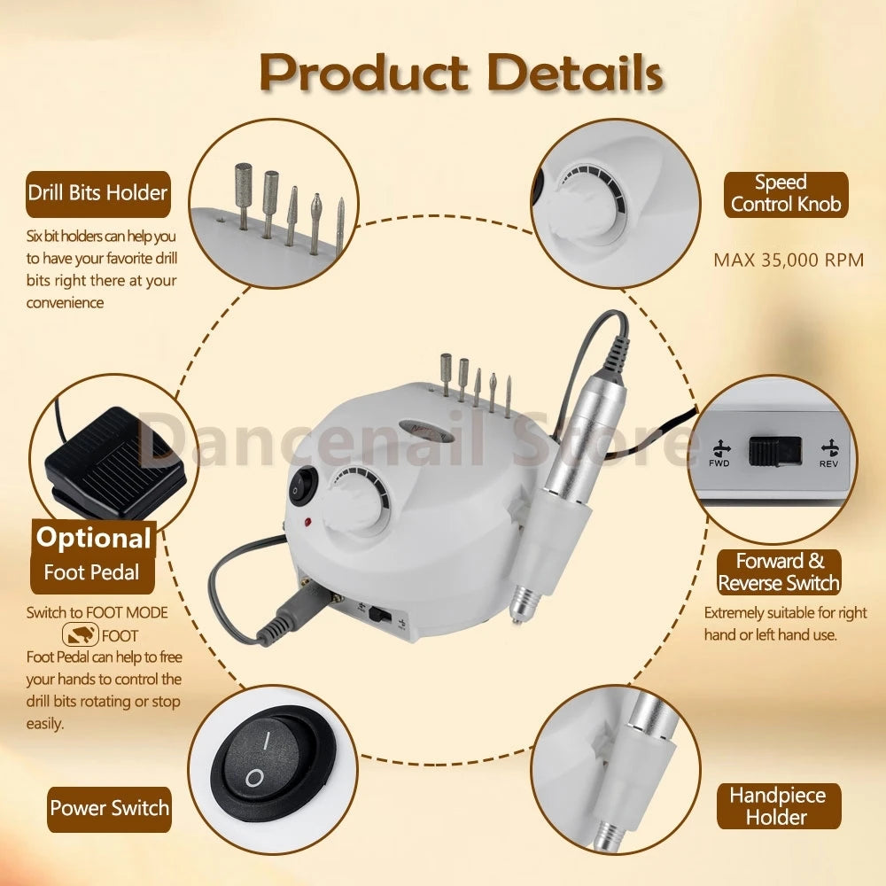 Professional Nail Drill Electric Machine File Grinder Acrylic Nails 35000RPM Home Salon Polisher Manicure Pedicure Remove Buffer