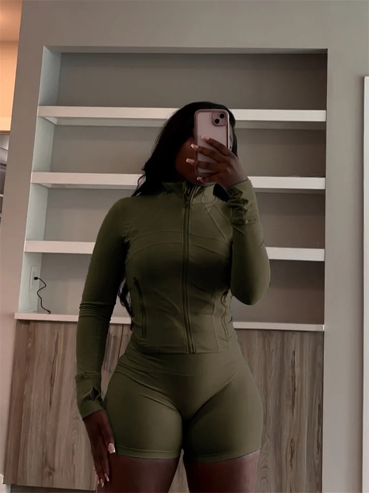 Fall Siold Bodycon Zipper Crop Top Women Tracksuits Sets+Trousers Women Black Gray 2 Two Pieces Matching Leggings Shorts Suits