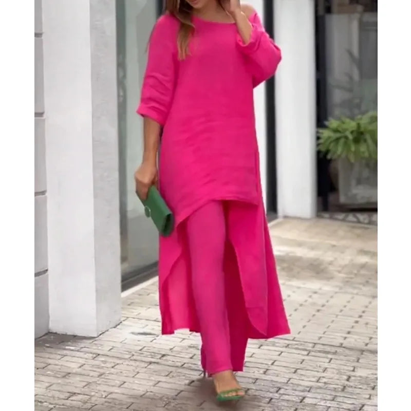 2025 Loose New In Matching Sets Two Piece Outfit 2 Pieces Set For Woman Solid Color Irregular Hem Long Sleeves Wide Legs Trouser