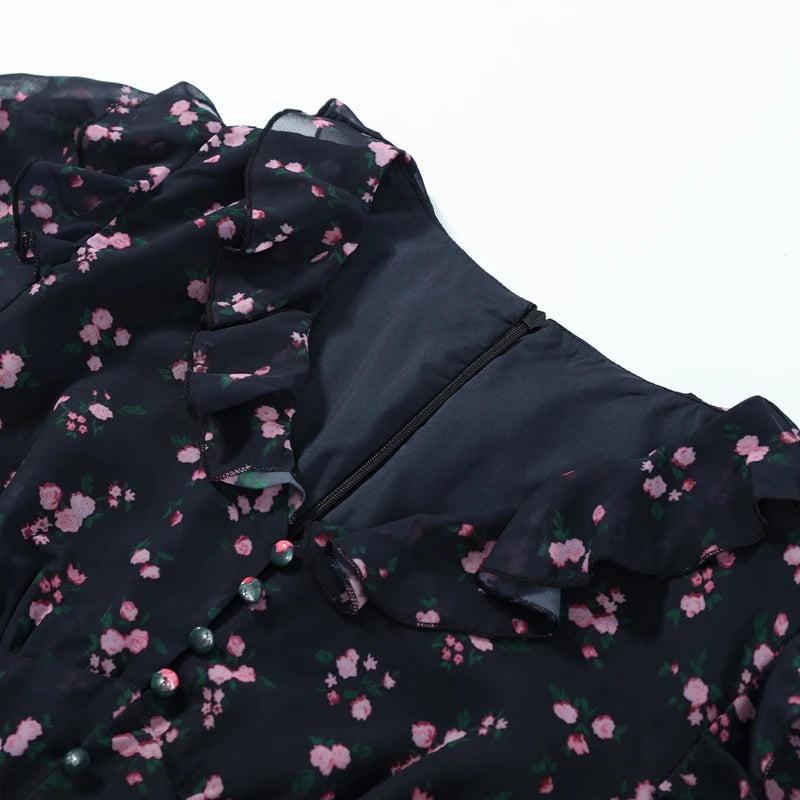 Elegant Printed Lace Trim V-Neck Dress Women Puff Sleeve Ruffled Hem Slit Maxi Dresses 2026 Summer New Lady Fashion Evening Wear