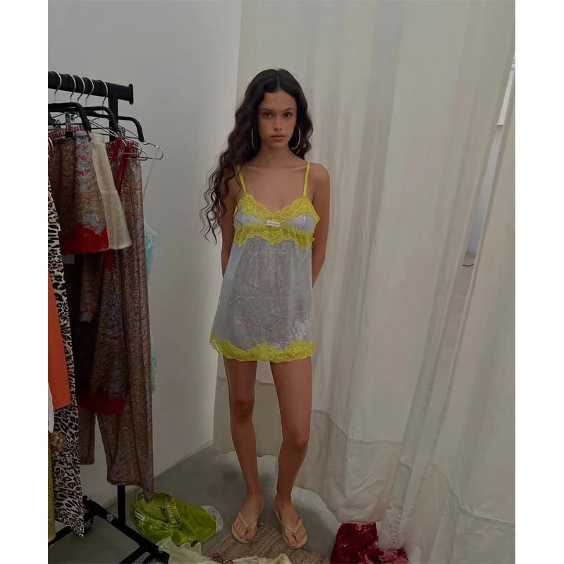 Sexy Sequin Lace Trim Dress Women Fashion V-neck Sleeveless High Waist Mini Sling Dresses 2026 Summer Trendy Lady Vacation Robe