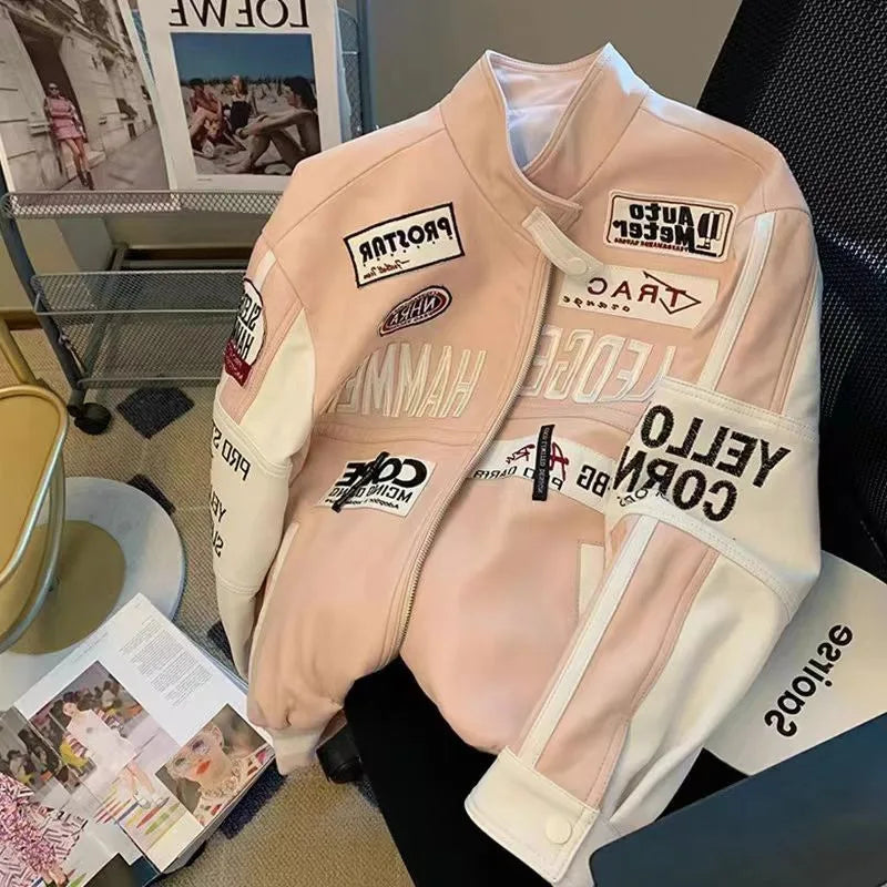 European American Motorcycle Leather Jacket Unisex Embroidered Baseball Jacket Retro Imitation Leather Jacket Coat Streetwear