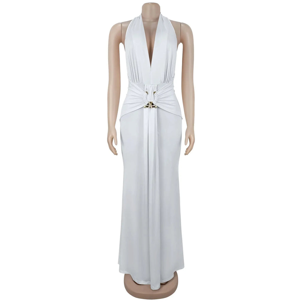 EINY Sexy Women White Halter Maxi Dress Elegant Backless Ruched Bodycon Long Gown Party Club Night Birthday Mermaid Dresses Y2K