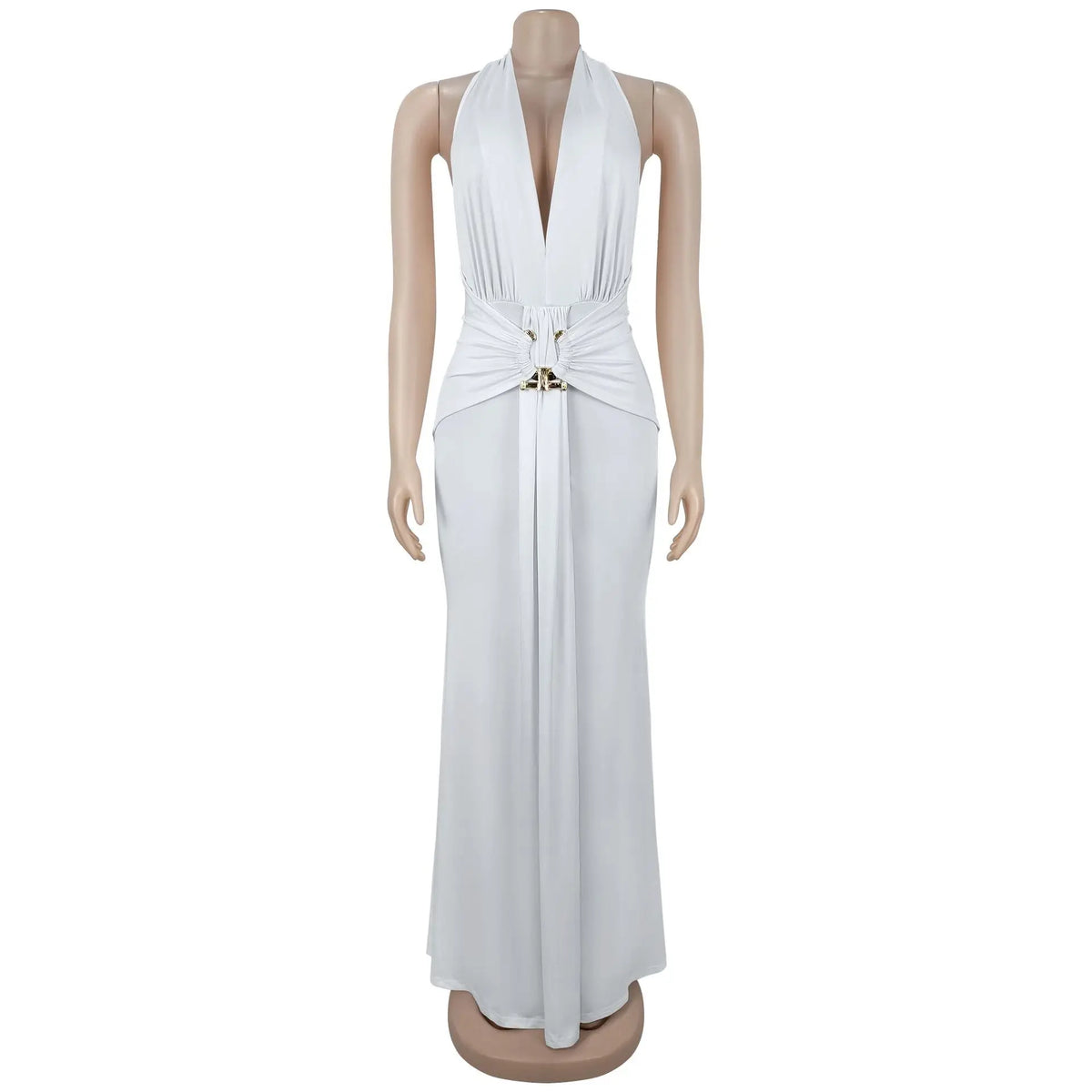 EINY Sexy Women White Halter Maxi Dress Elegant Backless Ruched Bodycon Long Gown Party Club Night Birthday Mermaid Dresses Y2K