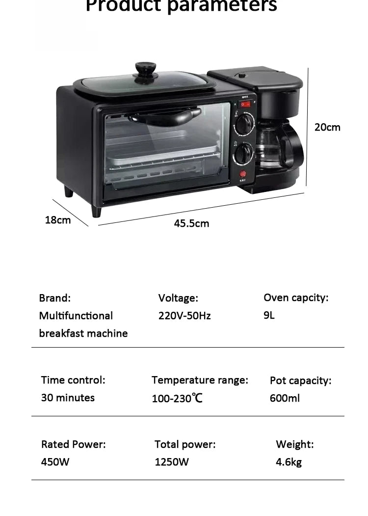 Multifunctional 110V/220V 3 In 1 Breakfast Machine Mini Toaster Oven with Timer