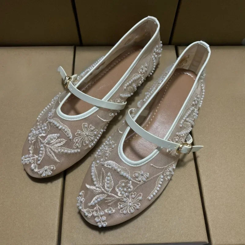 Mesh Embroidery Flower Ballet Flats Women Comfort Round Toe Breathable Mary Jane Shoes Fashion Brand Designer Shoes for Ladies
