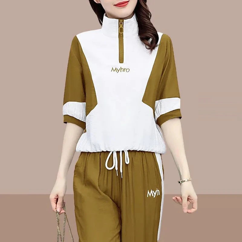 2 Piece Sets Women 2024 Summer Fashion Contrast Color Half Zipper Short Sleeve Tops Casual Pockets Sports Joggers Pants Outfits