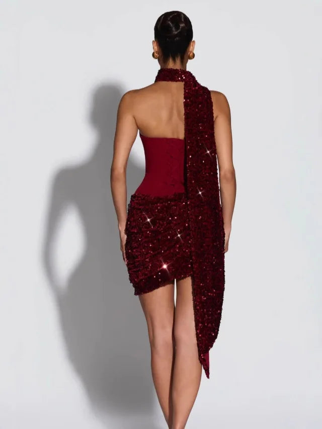 Temperament Beveled Edge with Scarf Splicing Tube Top Spice Girl Dress