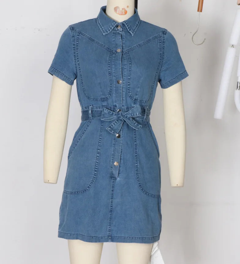 Spring Summer Women Denim Dress Short Sleeve Shirt Style Collared Waist Cute Mini Bodycon Casual Outfit