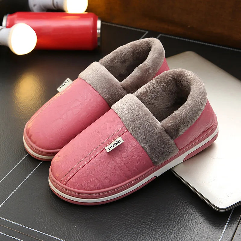 Big Size 50-51 Men Slippers Winter PU Leather Warm Indoor Waterproof Home Furry Flats Couples Slides Bedroom Non Slip Shoes