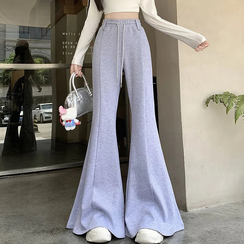 Girls Designer High Waist Flared Pants Lady Korean Slim Fit Casual Trousers Women Chic Drawstring Straight Leg Pants
