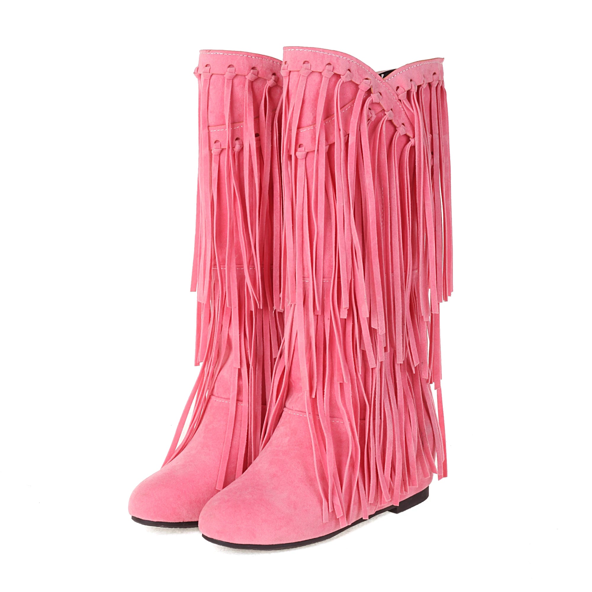 2025 New High Boots Women Bohemian Flock Tassle Mid-Calf Boots Wedge Booties Autumn Winter Ethnic Casual Shoes zapatos de mujer