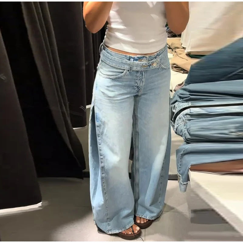 2026 Spring Low Waist Pleated Wide Leg Jeans Light Wash Raw Edge Double Waistband Casual Women Pants Trendy Y2K Lady Trousers