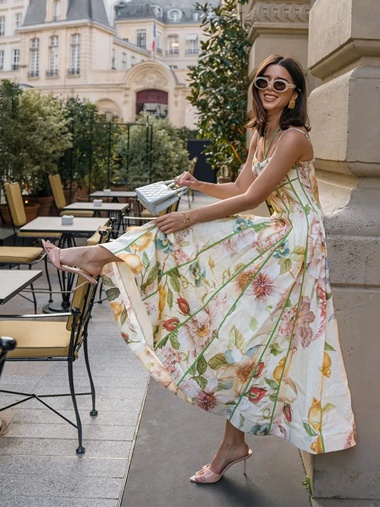 Fashion Women Dress Floral Printed Halter Tube Tops Sleeveless Lace Up Waist-Closed Female Dresses 2026 Summer Lady Robe