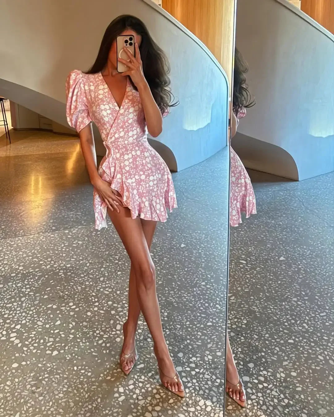Elegant Printed Lace Up Dress Women V-neck Puff Short Sleeve Waist-cinching Mini Dresses Lady Daily Street Gowns 2026 Summer