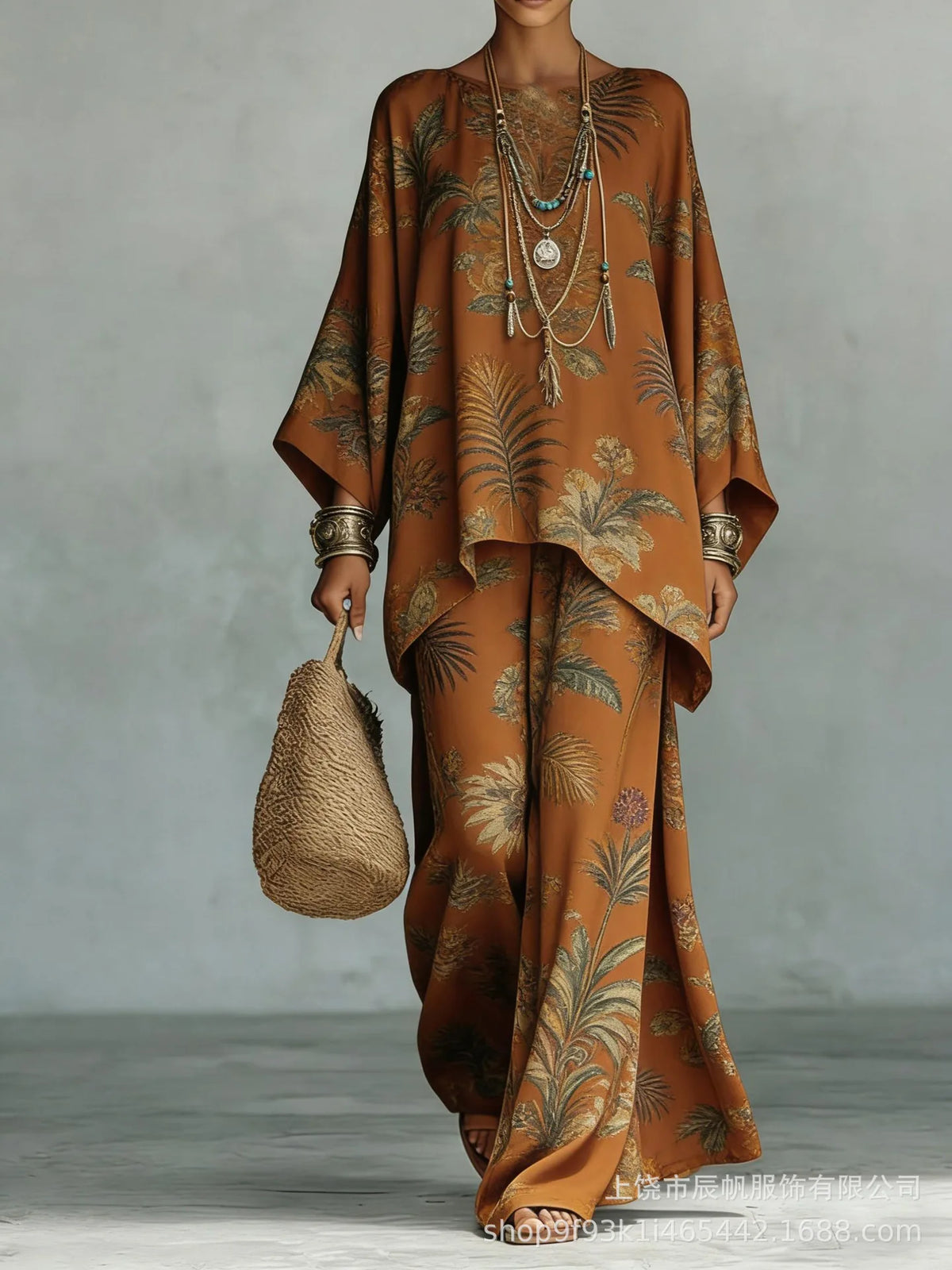 Bohemian Foreign Style Printed Women's Two-piece Set Spring Fashion O-neck Loose Top+wide Leg Pants Suit Ladies Office Outfit
