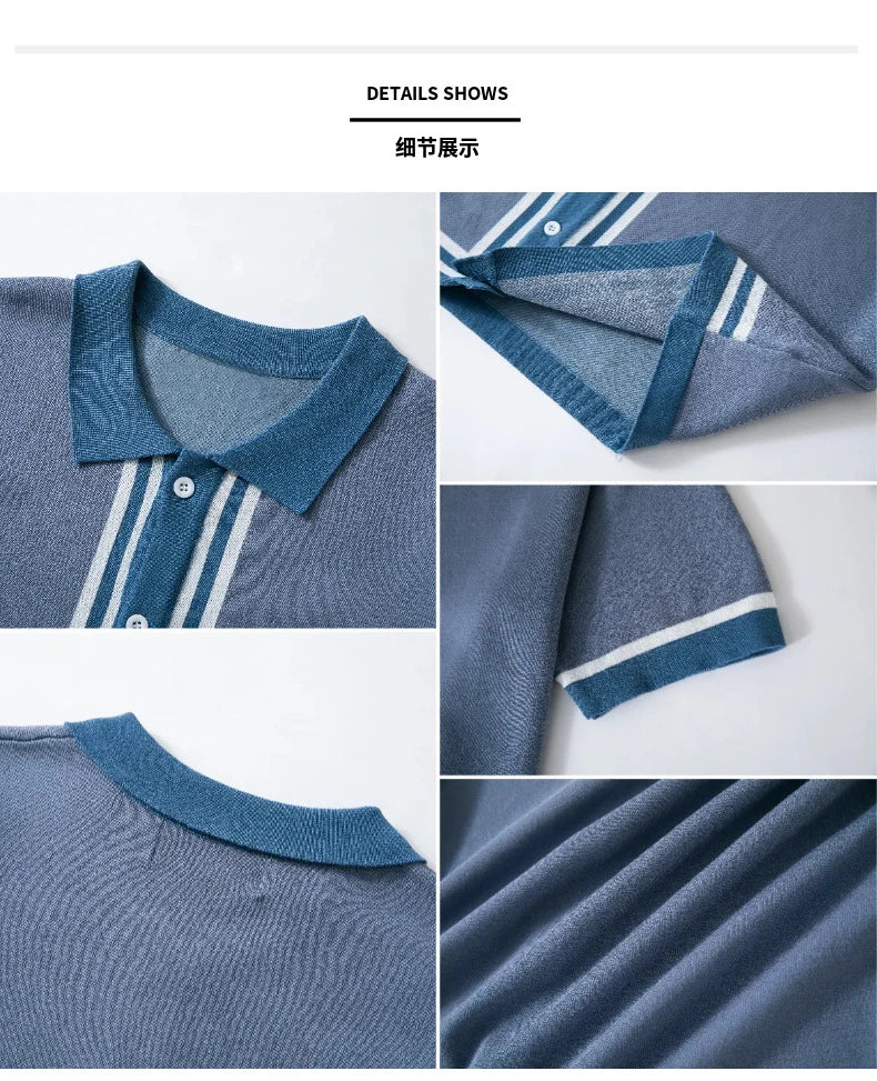 Summer Men Knitted Cardigan Polo Shirts Short Sleeve Striped Jacquarded Business Shirts American Retro Premium Quality Knitwear