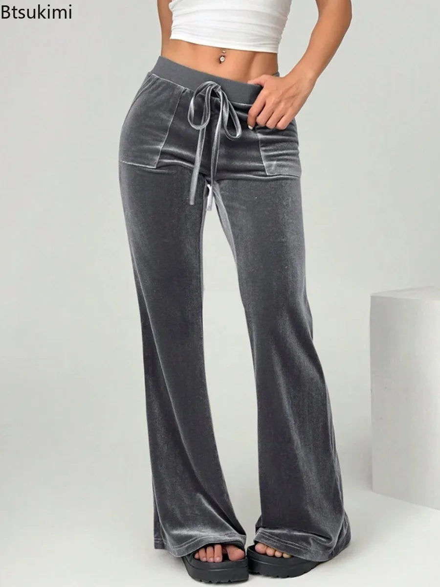 2026 Women's Velvet Trousers Fashion Velvet Solid Color High-Waisted Drawstring Pocket Flared Pant Autumn Winter Casual Pants