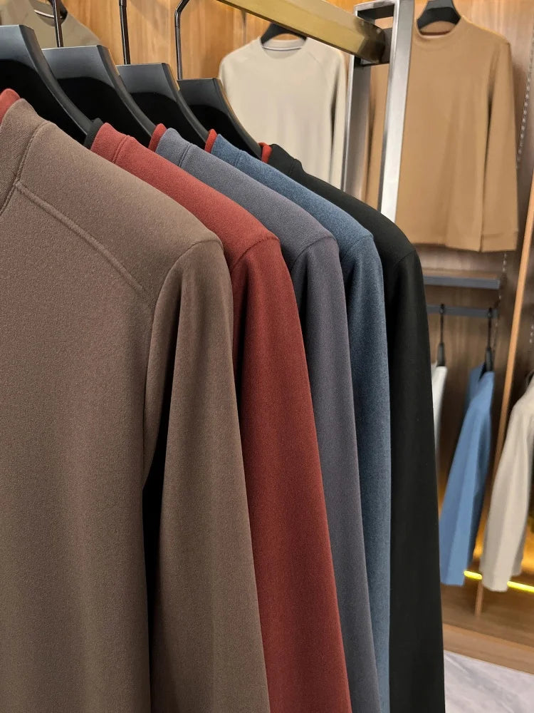 Unique fake two pieces round neck sweater men fashion brand letter emboss pullover autumn winter warm velvet long sleeve T-shirt