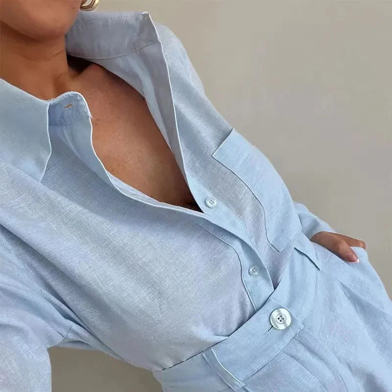 2026 New Women's Long Sleeve 2-Piece Set Casual Button Detail Shorts Outfit Shirt Top Summer Fashion Female Suit Y2k Clothing