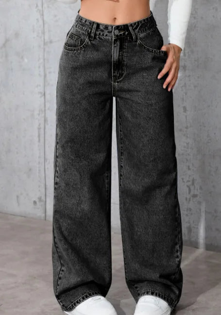 High-Waisted Straight-Leg Jeans Women's Pants Loose Fit American Blue Washed Fashion with Front & Back Pockets Daily Casual Wear