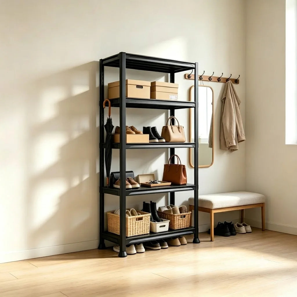 4 & 5 Tier Plastic Storage Shelving Unit, Heavy Duty Black PP Utility Rack, 3 Sizes Available Waterproof Organizer for Garage Kitchen Basement Laundry Pantry