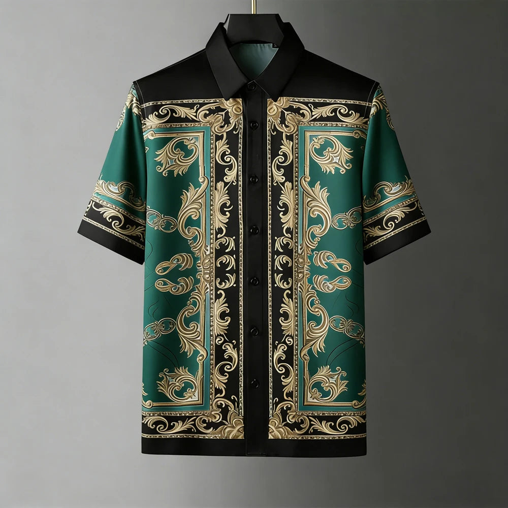 Fashion Men's Retro Soft Short Sleeve Shirt Gold Pattern Natural 3D Printed Shirt Men's Clothing Casual Party Tops