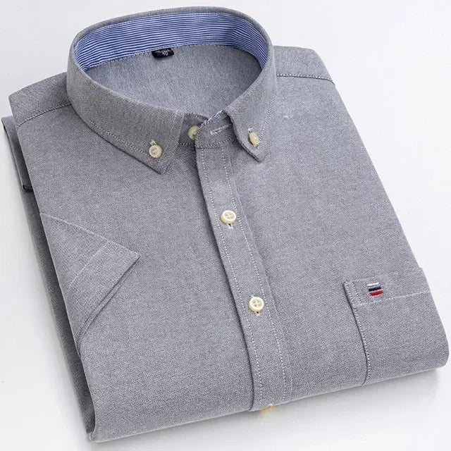 2025 100% Pure Cotton Men's Oxford Short Sleeve Square Collar Soild Plaid Striped Summer Casual Shirts Single Pocket  Shirt